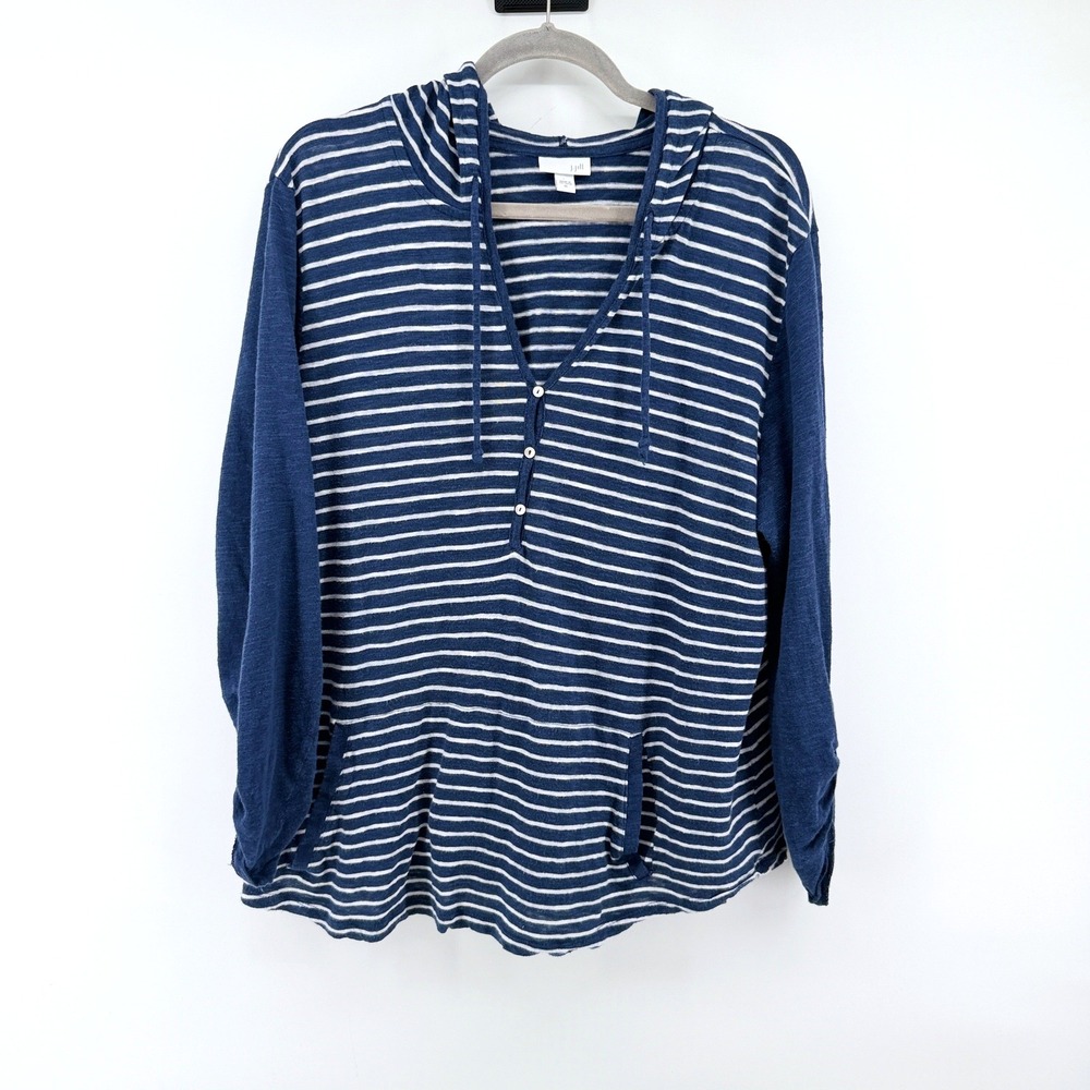 J. Jill Hoodie Linen Blend Striped XL Blue Women Pullover Coastal Casual Lounge